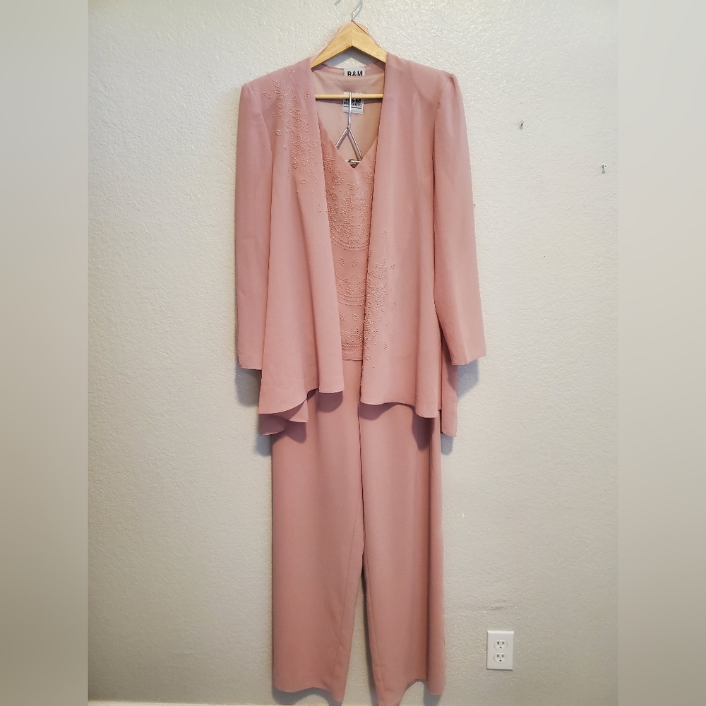 R&M Richard's Champagne Pink Chiffon 3 Piece Set Top, Pants & Duster Jacket